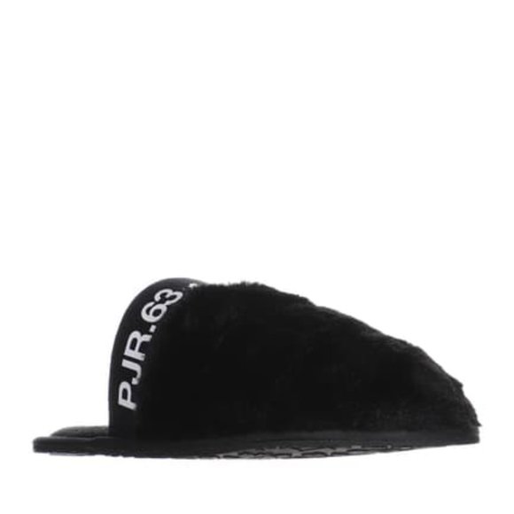 Pajar Shoes - NEW Pajar Women Stevie Black Vegan Plush Faux Fur Cozy Slipper Text Print Trim